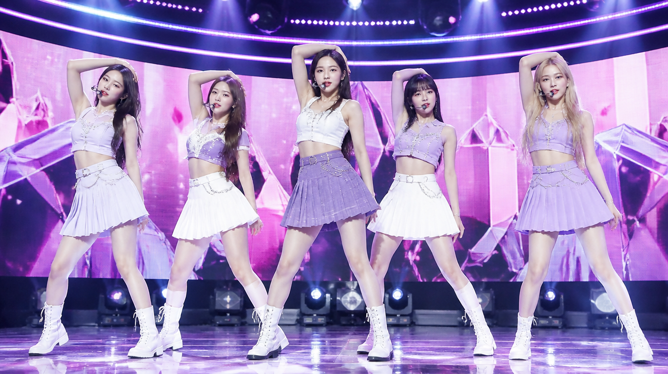 Escenario iluminado de un concierto ficticio de K-pop